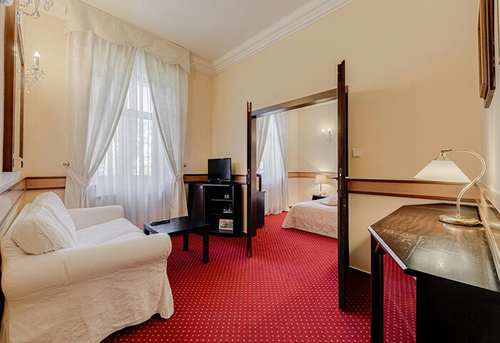Louren Hotel room in Prague's Vinohrady. Find last minute gay hotels in Prague city center. Room with sofa, TV, and bedroom view. Interior design.