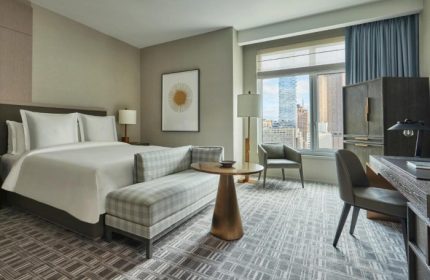Four Seasons Downtown luxury hotel room in New York. Modern design, city view. Popular choice in Greenwich & East Village gayborhoods.