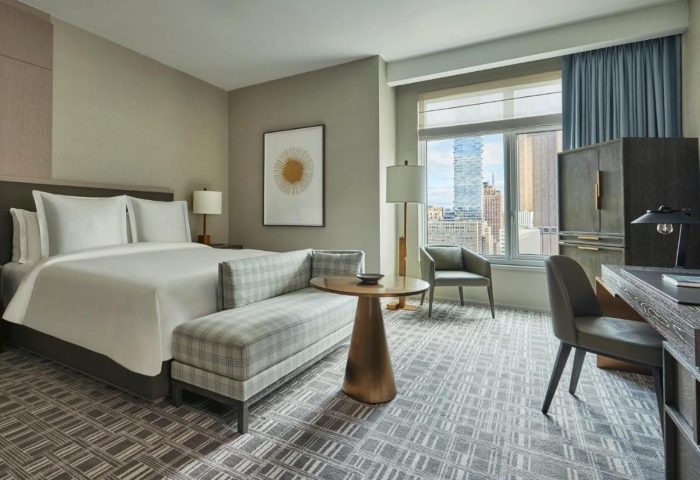 Four Seasons Downtown luxury hotel room in New York. Modern design, city view. Popular choice in Greenwich & East Village gayborhoods.