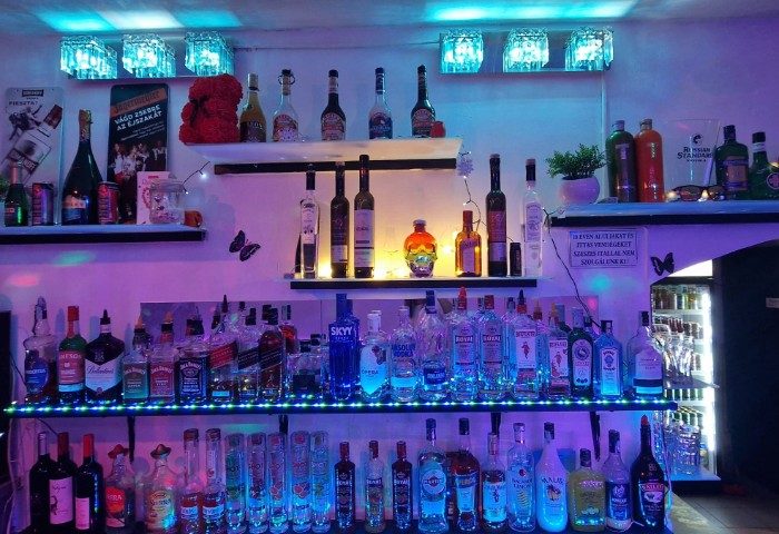 Freedom Club Budapest bar interior. Shelves stocked with spirits, lit with blue and purple lights. Gay travel nightlife scene.