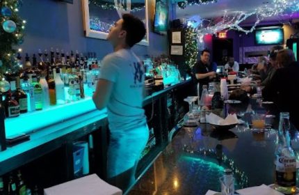 Friend's Tavern in New York: Bartender at a gay bar, serving drinks on a blue-lit counter. Christmas decorations add festive cheer.