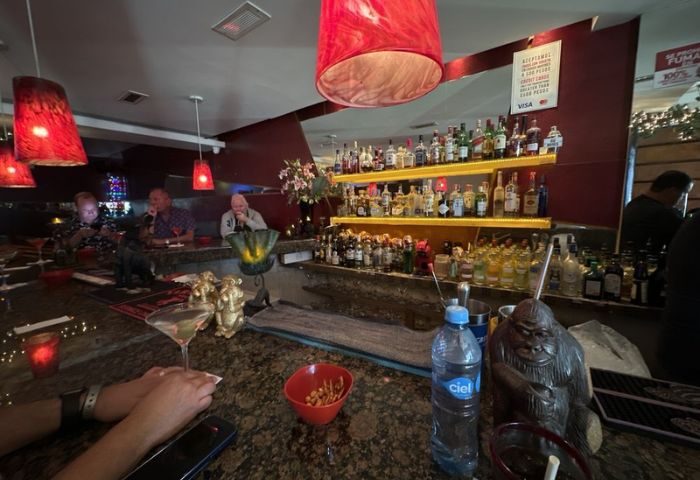 Garbo Piano Bar, gay live music venue in Puerto Vallarta. Interior view of the bar, patrons, drinks, and red lighting.