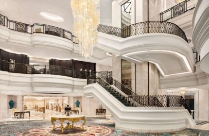 Shangri-La Bosphorus, Istanbul's grand staircase and lobby. This gay-friendly hotel offers luxury travel for gay men in Istanbul, Turkey.