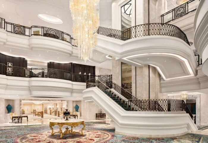 Shangri-La Bosphorus, Istanbul's grand staircase and lobby. This gay-friendly hotel offers luxury travel for gay men in Istanbul, Turkey.
