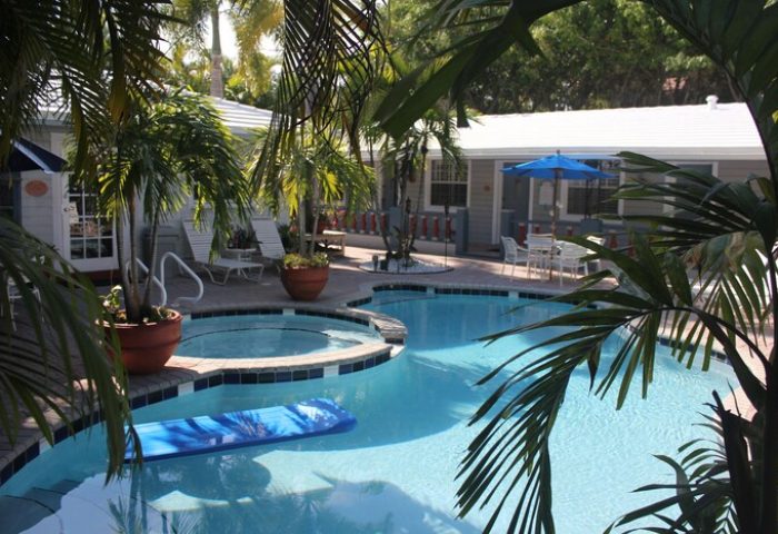 Coral Reef Guesthouse pool view. Gay-friendly hotel with a swimming pool, hot tub, lounge chairs, and tropical plants. Relaxing vacation spot.