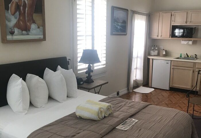 New Orleans gay-friendly hotel room. Queen bed with kitchen, microwave, mini fridge. Painting of men in tub. Perfect for gay travel.