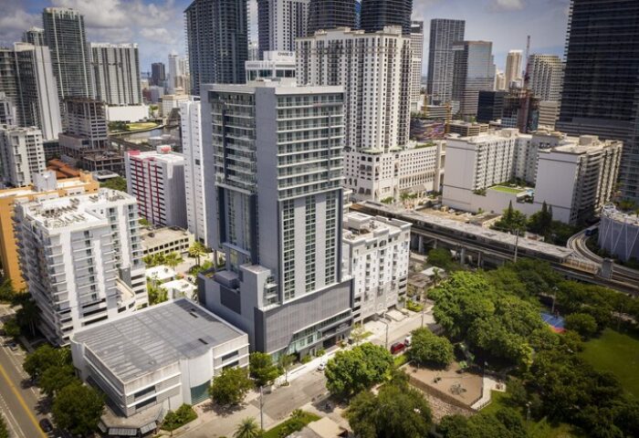 Hotel Indigo Miami Brickell: Gay-friendly hotel aerial view. Modern building in Brickell's skyline. Ideal for gay men's travel in Miami.