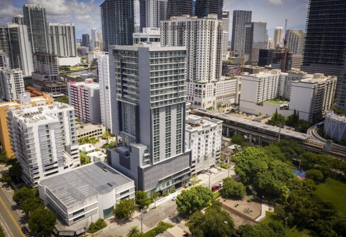 Hotel Indigo Miami Brickell: Gay-friendly hotel aerial view. Modern building in Brickell's skyline. Ideal for gay men's travel in Miami.