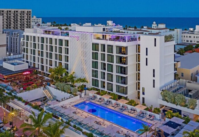 Moxy Miami South Beach hotel aerial view. Gay-friendly hotel with a pool, rooftop bar, and modern design. A great choice for gay travel in Miami.