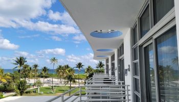 Ocean Drive Suites view from a gay-friendly hotel balcony. Palm trees, beach, and blue sky. A perfect gay travel destination.