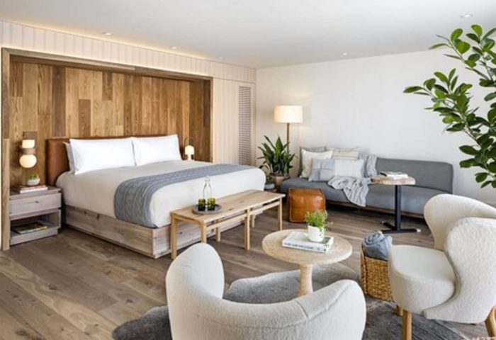 1 Hotel Toronto room interior. Gay-friendly hotel with king bed, couch, chairs, and plants. Luxury travel for gay men in Toronto.