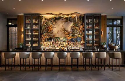 Interior of 1 Hotel Toronto's bar. This gay-friendly hotel bar features a floral backdrop, stools, and liquor cabinets. Upscale and modern.