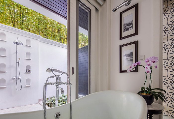 137 Pillars House Chiang Mai bathroom with outdoor shower. Gay-friendly hotel with luxury amenities for gay travelers. Thailand travel.