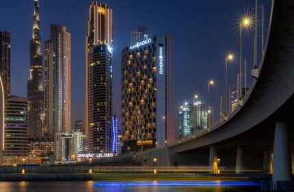 Hotel Indigo Dubai Downtown at night. Gay-friendly hotel with city skyline view. Travel advice for gay men, downtown Dubai.