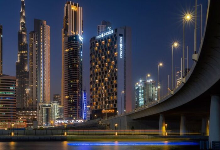 Hotel Indigo Dubai Downtown at night. Gay-friendly hotel with city skyline view. Travel advice for gay men, downtown Dubai.