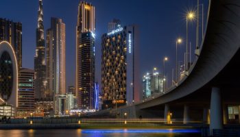 Hotel Indigo Dubai Downtown at night. Gay-friendly hotel with city skyline view. Travel advice for gay men, downtown Dubai.
