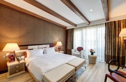 Elysium Taksim Hotel room. Gay-friendly hotel with a king bed, wooden beams, and stylish decor. Ideal for gay travel in Istanbul.