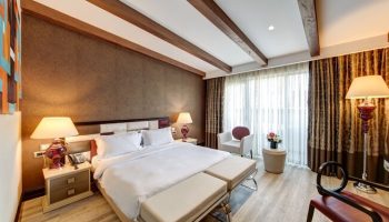 Elysium Taksim Hotel room. Gay-friendly hotel with a king bed, wooden beams, and stylish decor. Ideal for gay travel in Istanbul.
