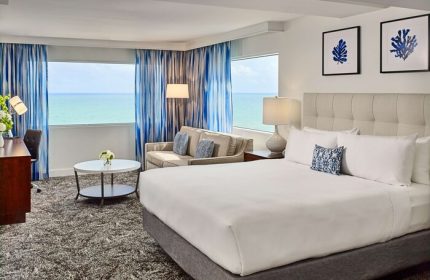 Sonesta Fort Lauderdale Beach gay-friendly hotel room with ocean view. Modern decor, king bed, sofa, desk. Perfect for gay travel.