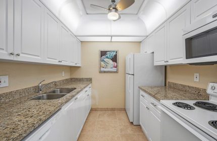 Coconut Bay Resort gay-friendly hotel kitchen. White cabinets, granite countertops, stainless steel sink, and appliances. Ceiling fan and fruit art.