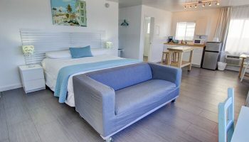 Gay-friendly hotel room with a bed, couch, and kitchenette. A painting of a beach scene hangs above the bed. Modern, clean design. Snooze.