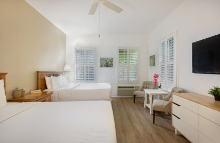 Paradise Inn's gay-friendly hotel room. Adults-only room with two beds, white shutters, TV, and seating area. A comfortable stay.