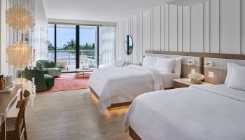 W South Beach gay-friendly hotel room with two beds, balcony, ocean view, and modern decor. Luxury gay travel in Miami.