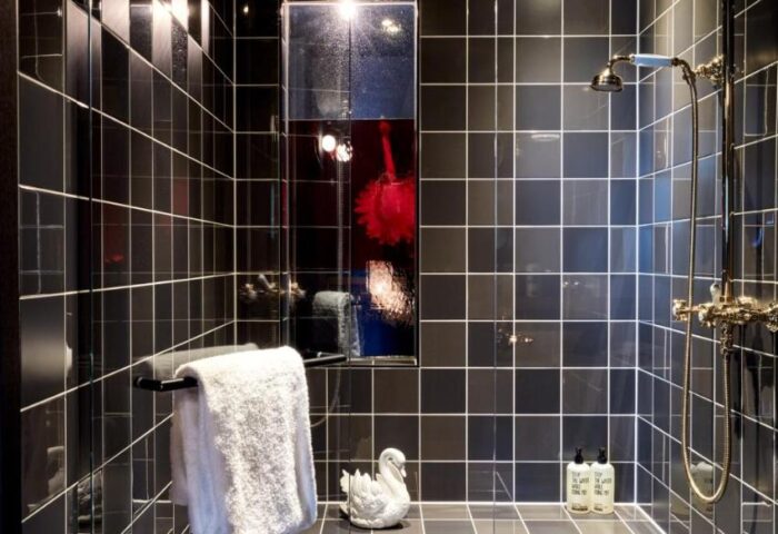 Royal Bavarian's gay-friendly 25hours Hotel shower. Black tiled bathroom with swan decor, towel, and toiletries. Stylish Munich hotel.