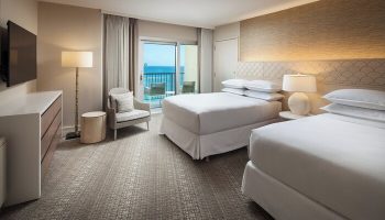 Sheraton Waikiki Beach Resort: Gay-friendly hotel room with two beds, balcony overlooking the ocean. Ideal for gay men's travel.