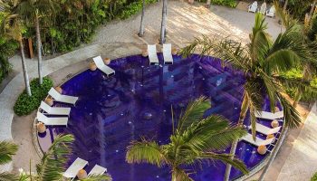 Aerial view of The Modern Honolulu's pool, a gay-friendly hotel. Palm trees and lounge chairs surround the vibrant blue water. Vacation awaits!