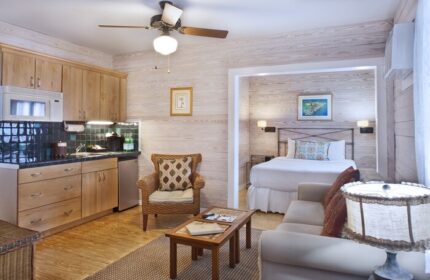 Island City House gay-friendly hotel room. Interior view of a suite with a kitchenette, living area, and bedroom. Cozy, comfortable space.
