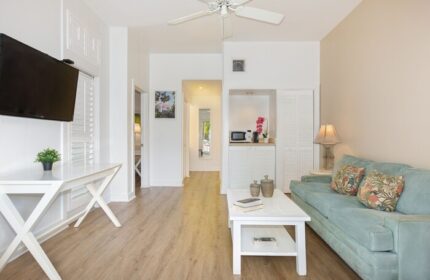 Paradise Inn adults only gay-friendly hotel room. Living space with sofa, table, TV, and kitchenette. Ideal for gay travel and relaxation.