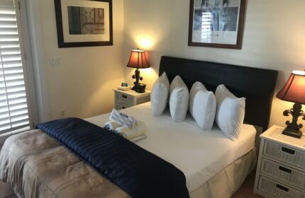 New Orleans House: Gay-friendly hotel room with a bed, 5 pillows, 2 nightstands, lamps, and framed art. Ideal for gay men travel.