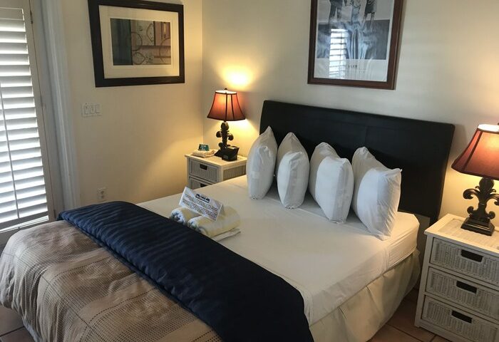 New Orleans House: Gay-friendly hotel room with a bed, 5 pillows, 2 nightstands, lamps, and framed art. Ideal for gay men travel.