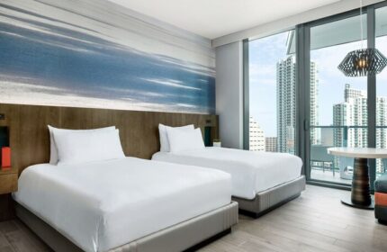 EAST Miami gay-friendly hotel room with two beds, modern decor, and a city view. Perfect for gay men's travel. Miami hotel room.