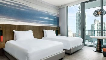 EAST Miami gay-friendly hotel room with two beds, modern decor, and a city view. Perfect for gay men's travel. Miami hotel room.