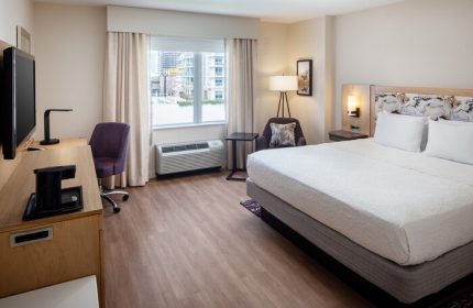 Hampton Inn & Suites Miami/Brickell-Downtown gay-friendly hotel room. Features a bed, desk, chair, TV, and city views. Modern, comfortable space.