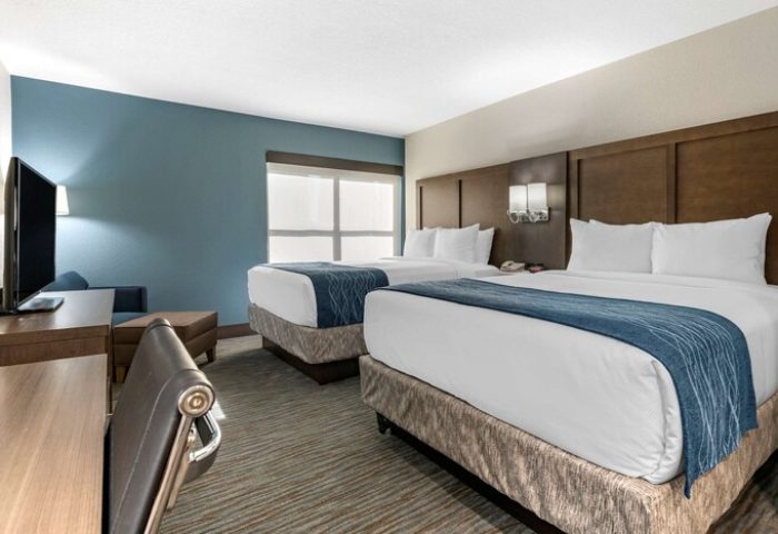 Comfort Inn & Suites Downtown Brickell-Port of Miami gay-friendly hotel room. Two beds, desk, TV, and seating area. Modern design, comfortable stay.