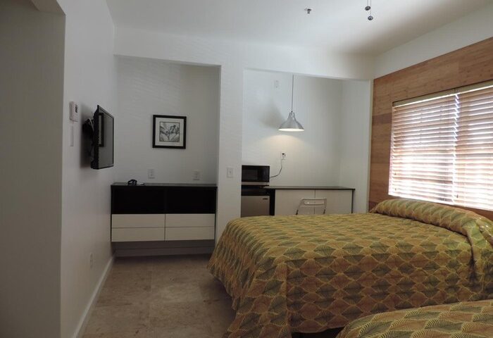 James Hotel room: Interior of a gay-friendly hotel featuring two beds, a TV, and a kitchenette. Ideal for gay men travel.