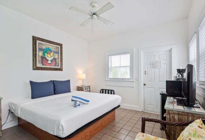 Wicker Guesthouse gay-friendly hotel room. Bed with blue pillows, ceiling fan, TV, microwave, coffee maker, and fruit painting. Gay travel lodging.