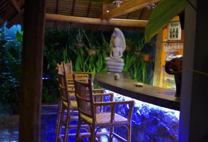 3 Monkeys Villa gay-friendly hotel bar. Pet-friendly Bali hotel with a statue, lush garden, and blue lighting. Gay hotel travel advice.