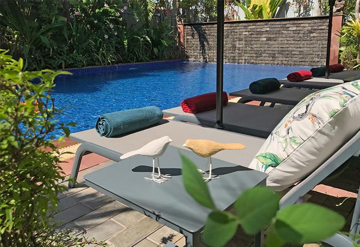 3 Monkeys Villa gay hotel pool view. Relax on sun loungers. Gay-friendly, pet-friendly hotel. Tropical garden setting.