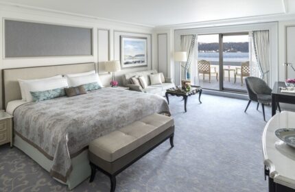 Shangri-La Bosphorus, Istanbul gay-friendly hotel room. King bed, sitting area, and balcony overlooking the Bosphorus. Luxury gay travel.