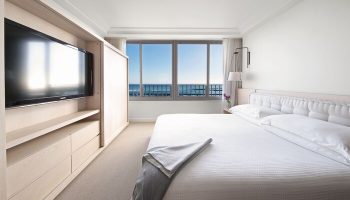 Modern Honolulu Hilton Vacation Club gay-friendly hotel room. Ocean view, TV, and minimalist design for gay travelers.