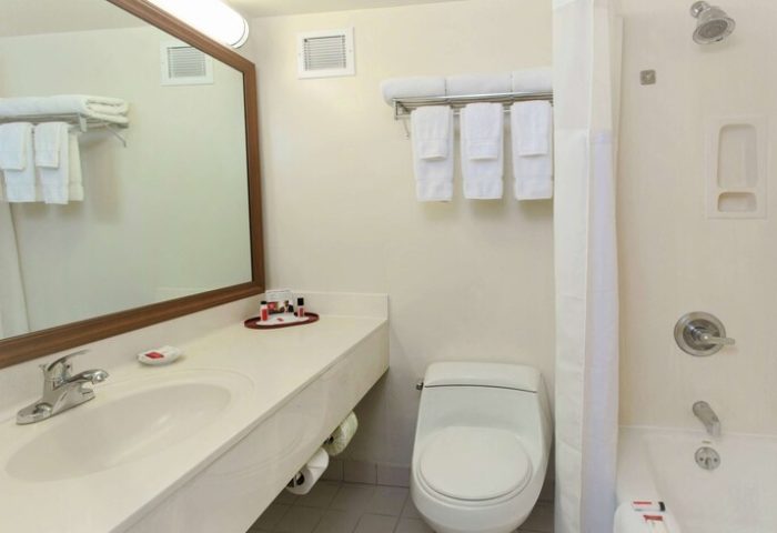 Bathroom at Ramada Plaza by Wyndham Waikiki, a gay-friendly hotel. Sink, mirror, toilet, shower/tub combo, and towels. Clean and well-lit.