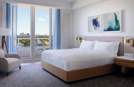 Gay-friendly The Ritz-Carlton, Fort Lauderdale hotel room. Balcony view of the city skyline. Upscale travel for gay men.