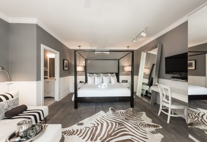 Gay-Friendly Hotel room at Alexander's Guesthouse. Features a four-poster bed, zebra rug, desk, and modern decor. Stylish gay travel lodging.