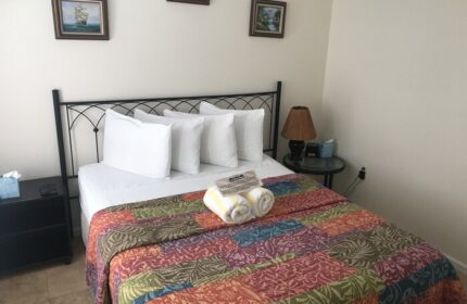 Bedroom at gay-friendly New Orleans House. Bed with colorful quilt, white pillows, & wrought iron headboard. Nightstands on each side.