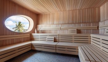 Sauna at The Standard Miami, a gay-friendly hotel. Wood benches, oval window with palm tree view. Ideal for relaxation and wellness.