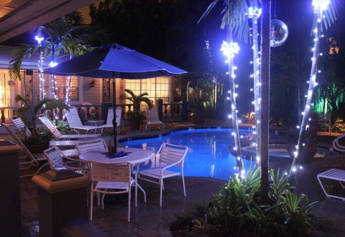 Coral Reef Guesthouse pool at night. Gay-friendly hotel with illuminated palm trees, a disco ball, and lounge chairs. Ideal for gay men's travel.
